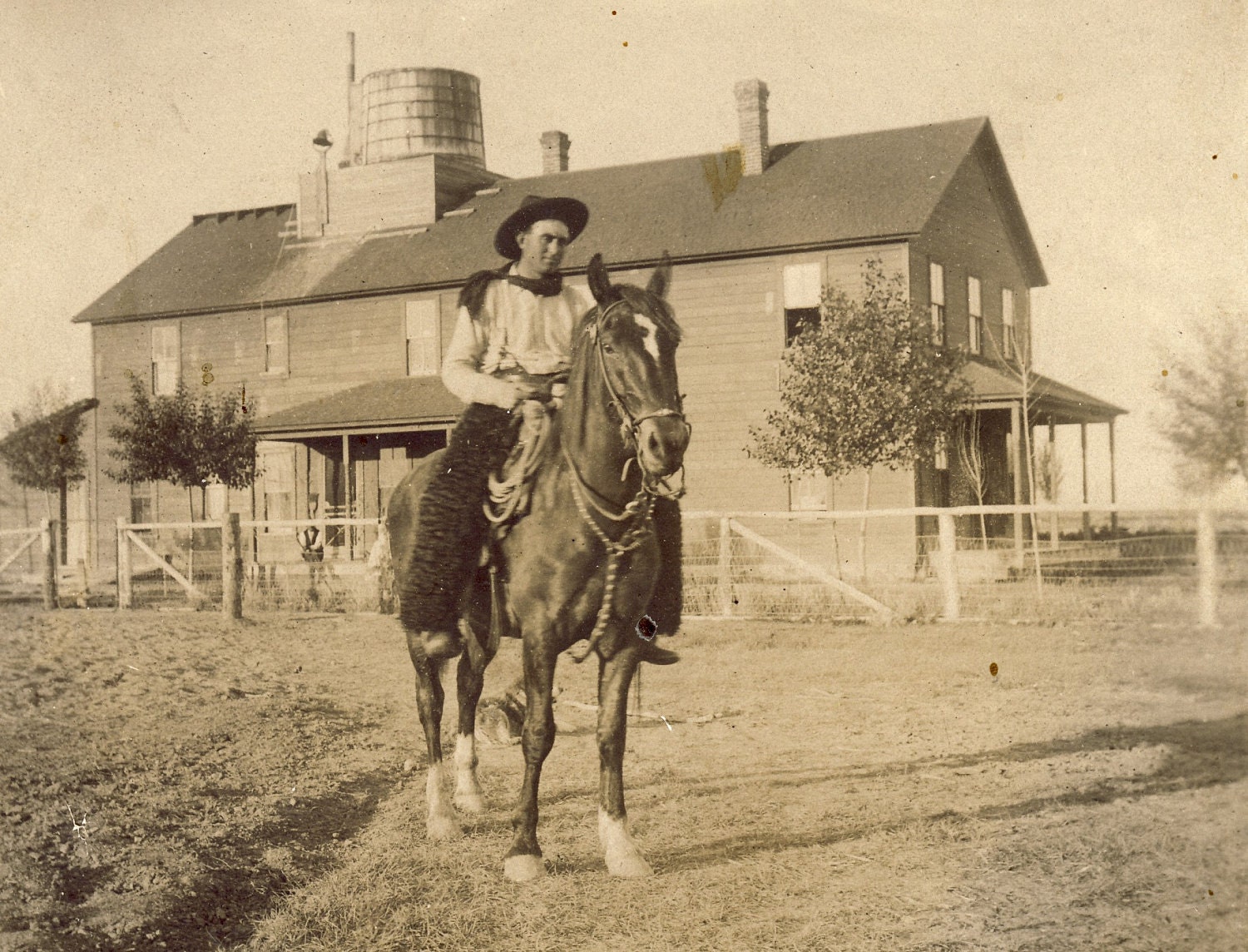 COWBOY on Horse In Front of WESTERN RANCH House Photo Circa