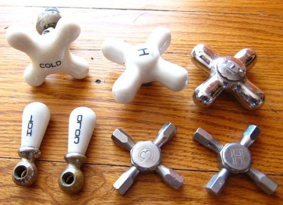 Vintage Porcelain Chrome Bathroom Faucet Handles by TimeWas