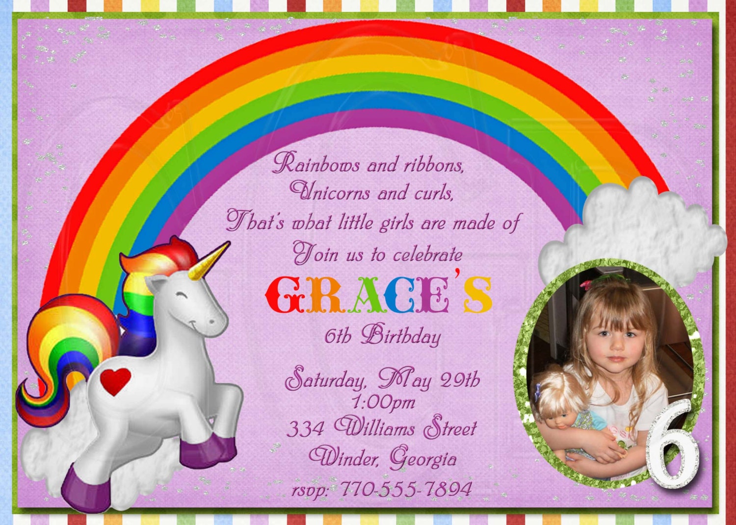 unicorn rainbow birthday invitation digital file