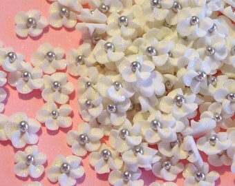 Handmade Sparkling White Royal Icing Drop Flowers with silver dragee center (50)