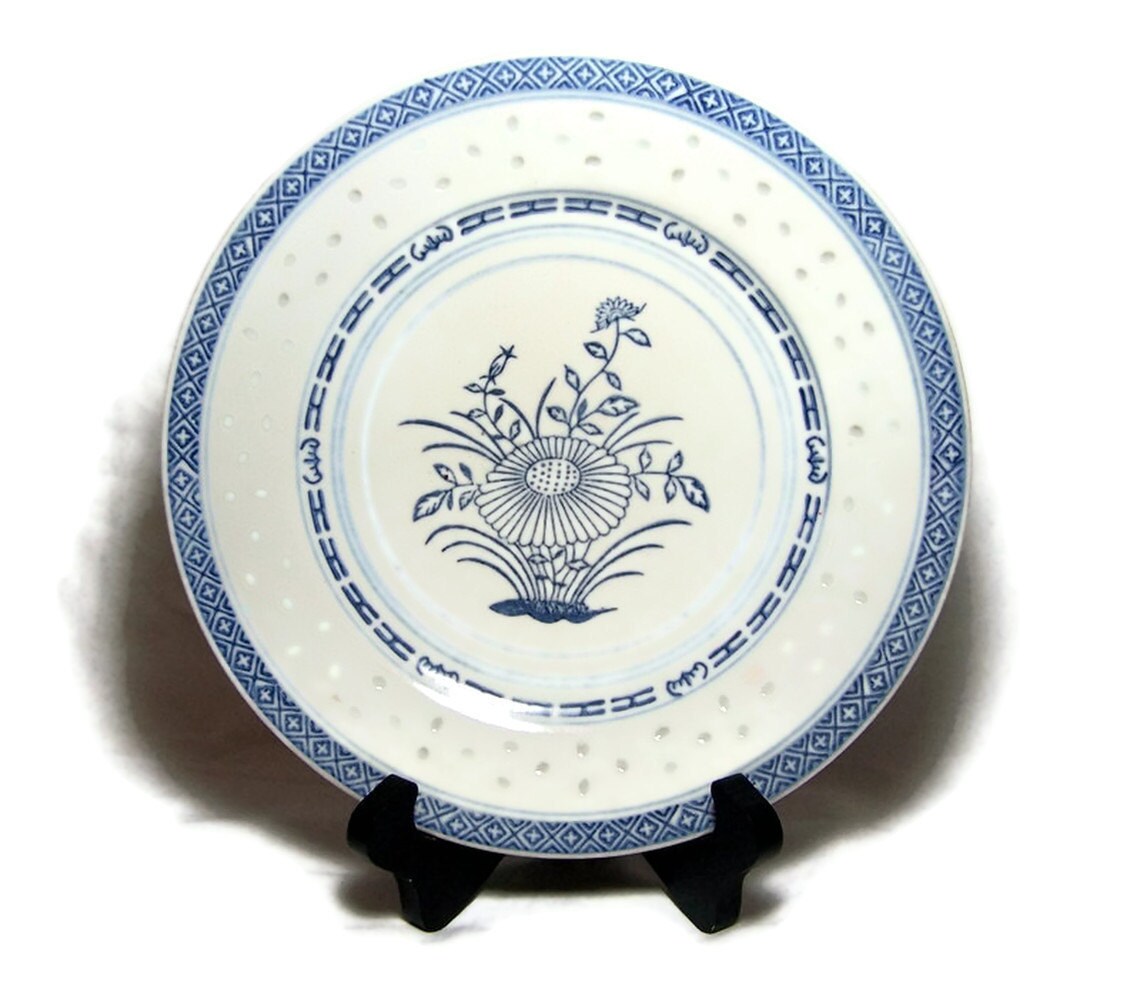 Vintage Chinese Rice Grain Plate Blue and White China