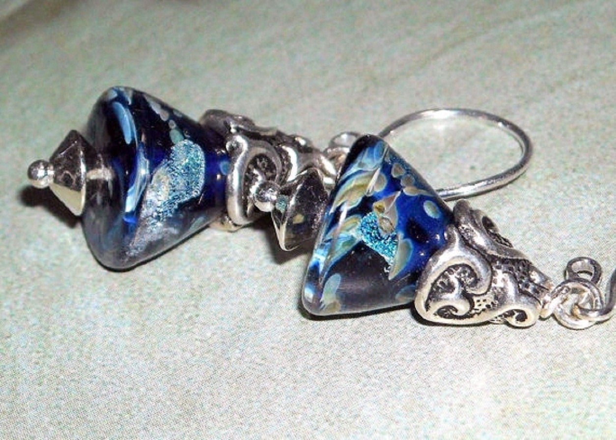 Lampwork Glass Cone Bead Earrings Midnight Lace Handmade