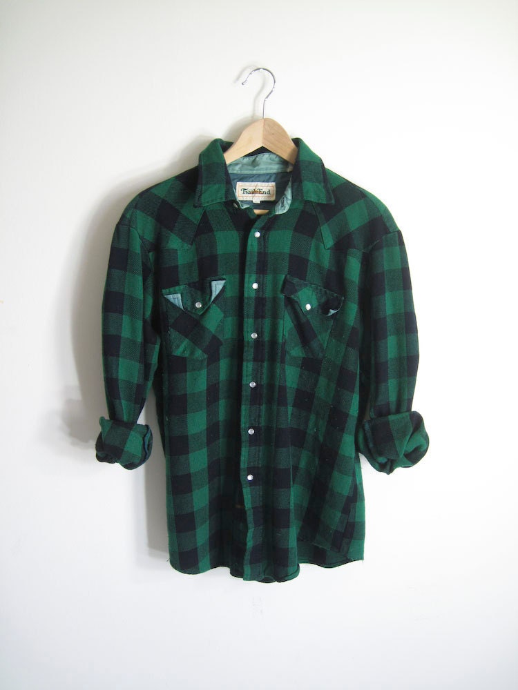 10% OFF Vintage 80s Men's Green Black Plaid Flannel