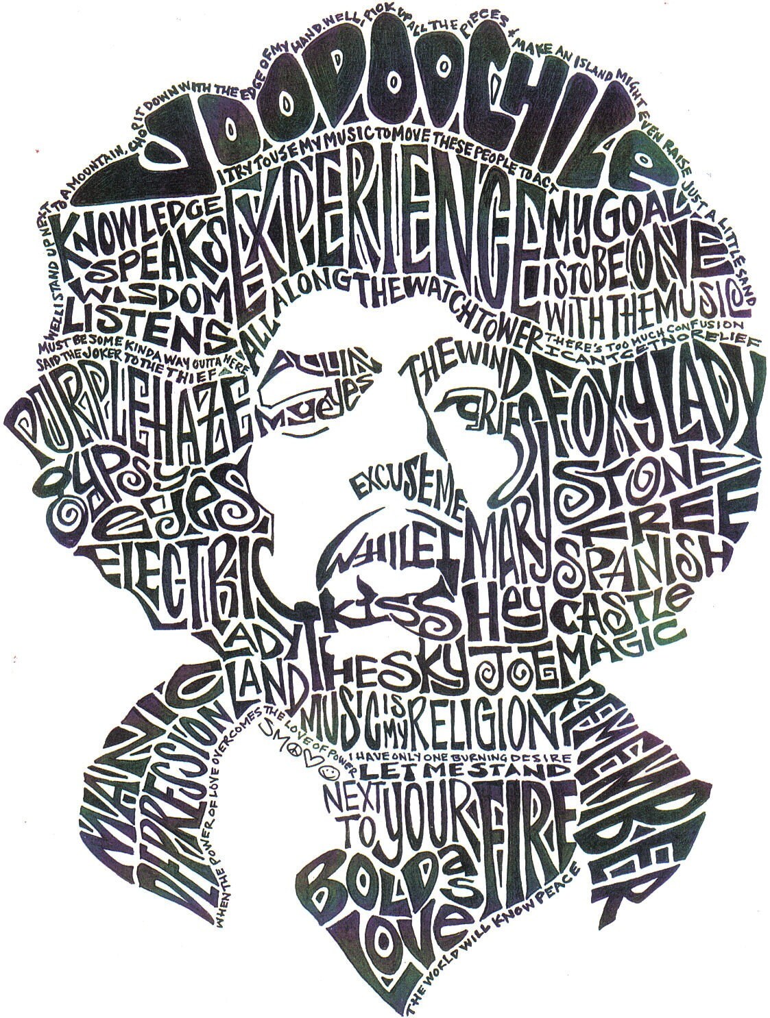 Jimi Hendrix Black and White 8.5 x 11 Word Portrait Print