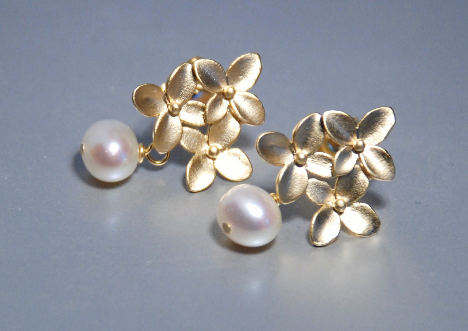 Gold cherry bloosome freshwater pearls vermeil post earrings