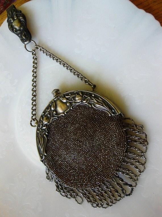 Antique Art Nouveau Beaded Coin Purse with Chain and Clip