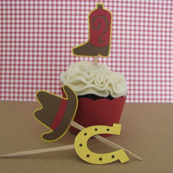 Cowboy Western Theme Cupcake Toppers Set of 12 MADE TO ORDER