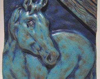 Horse in Stable Ceramic Art Tile deep turquoise