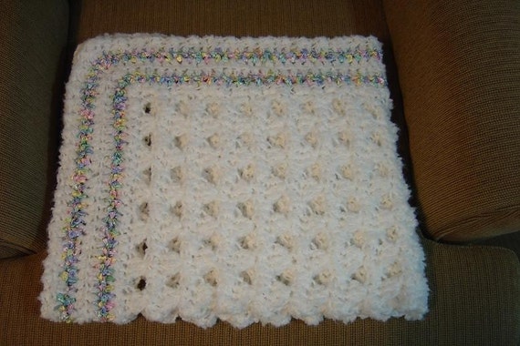 Lacy Hand Crocheted Baby Blanket w/ Pastel Ribbon 30x34 Ship