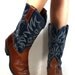 Vintage Wrangler low heel cowgirl cowboy tall mid calf high pixie western womens brown blue tan Leather fashion boots 7 M B