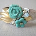 Turquoise wedding bracelet - bridal vintage flower - wrist corsage leather cuff - bridesmaids gift