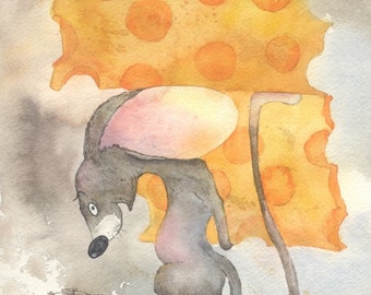 Watercolor original 9x12 Mouse humor Holdin Up Dinner heavy cheese