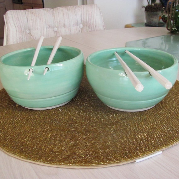Handmade Rice Bowls Ceramic Pottery Pair of Noodle Bowls