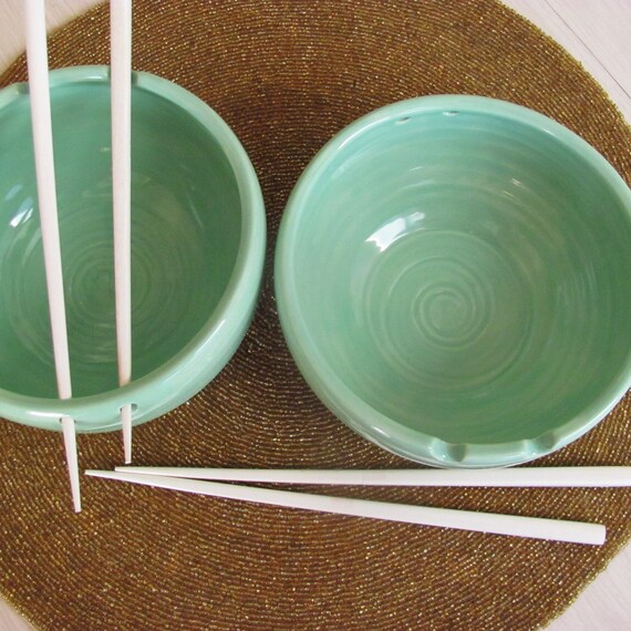 Handmade Rice Bowls Ceramic Pottery Pair of Noodle Bowls