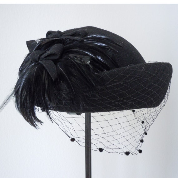 Vintage Black Hat with Netting and Feather by localevintage