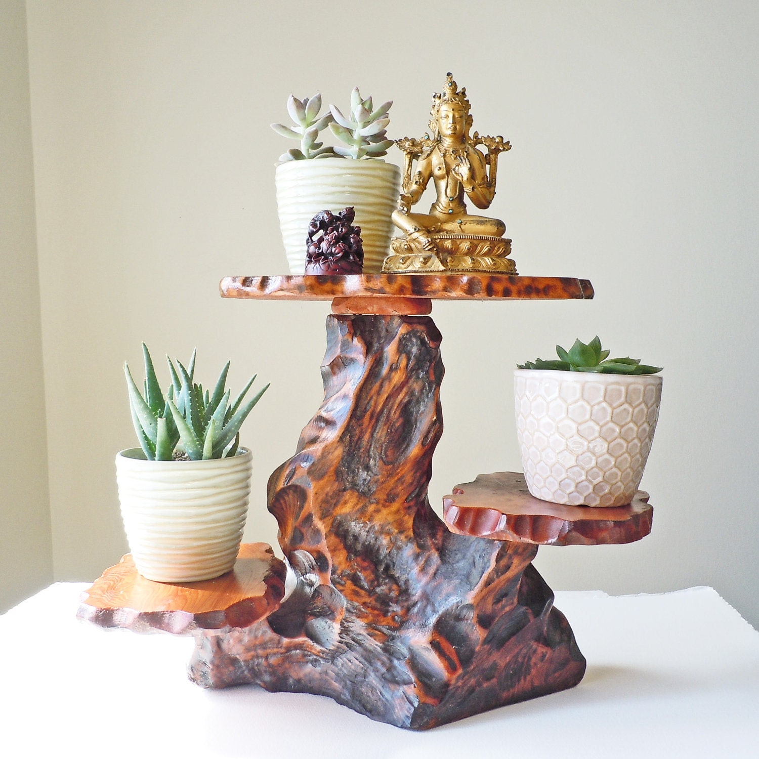Vintage natural wood tree trunk plant stand