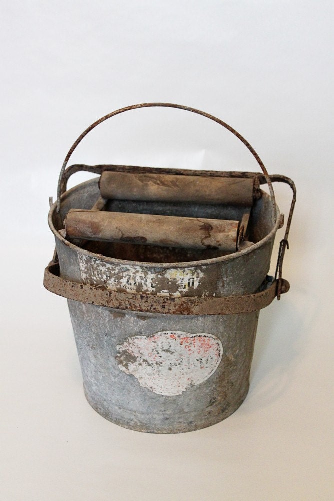 Vintage Metal Mop Bucket with Wooden Wringer