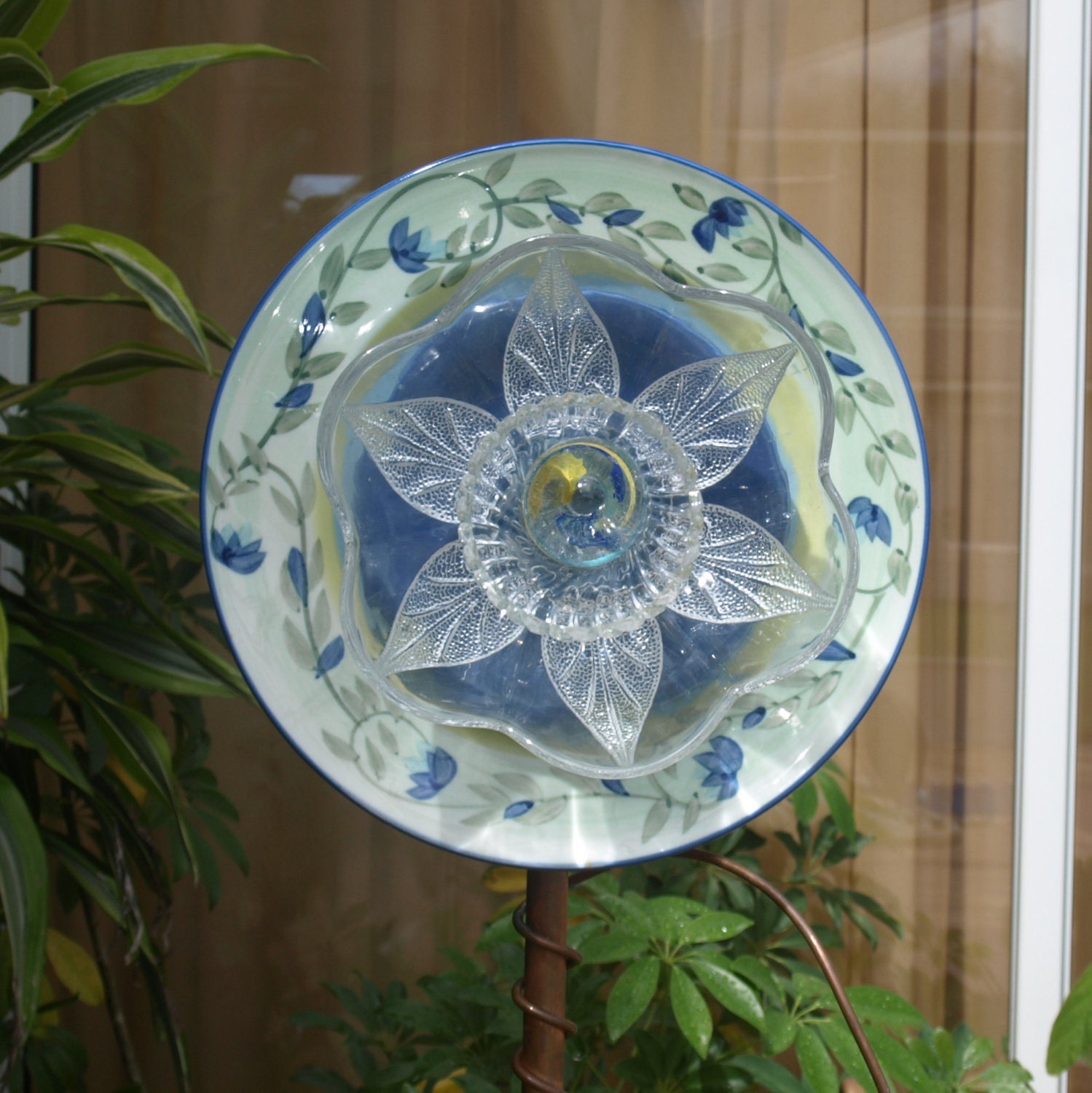 Vintage Repurpose Glass Plate Flower garden art blue green