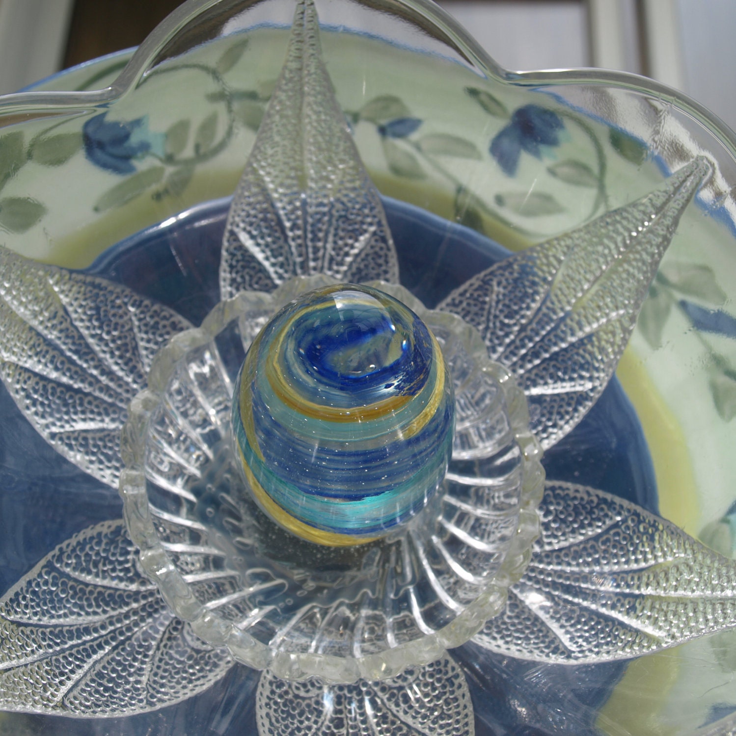 Vintage Repurpose Glass Plate Flower garden art blue green