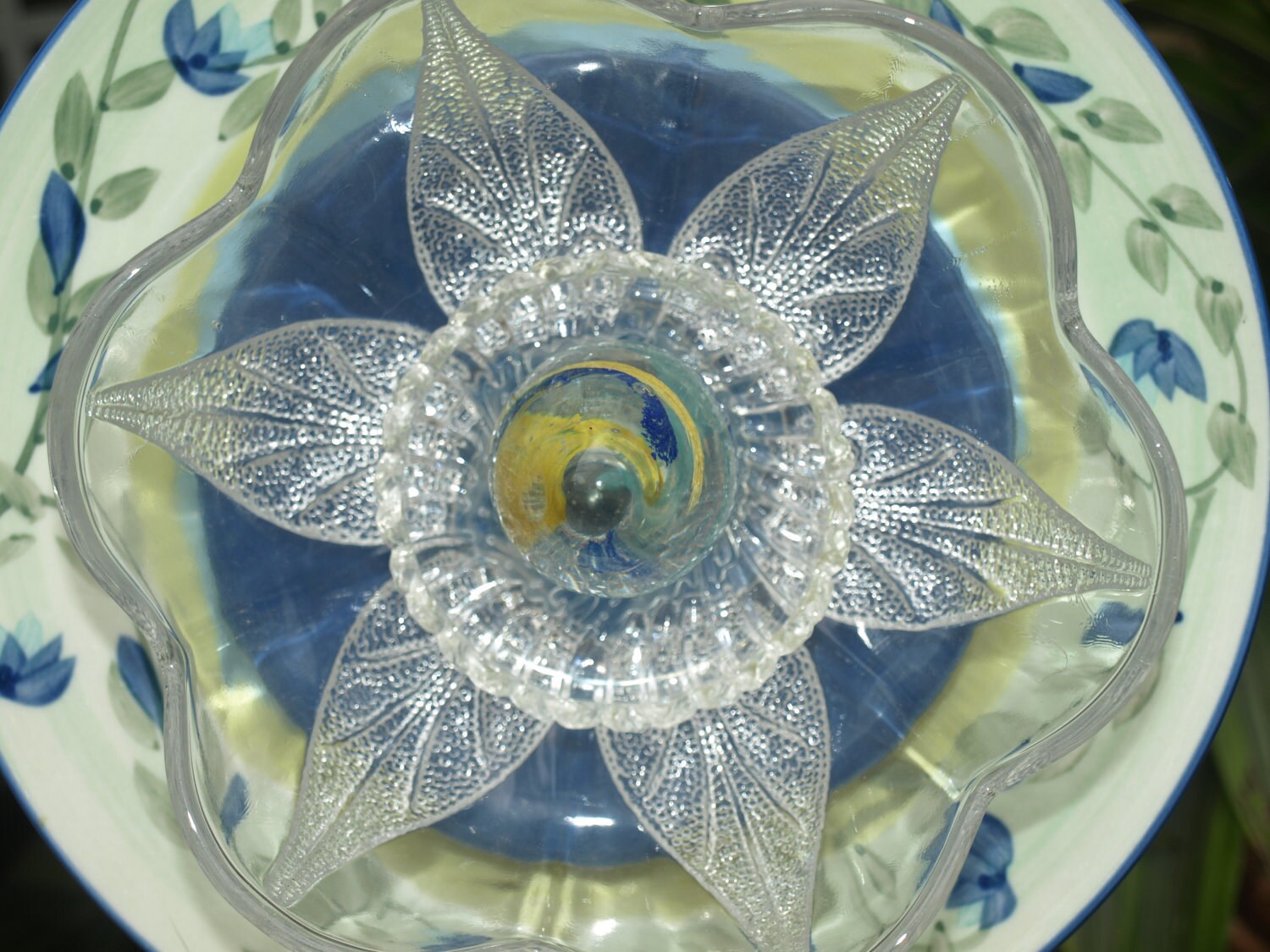 Vintage Repurpose Glass Plate Flower garden art blue green