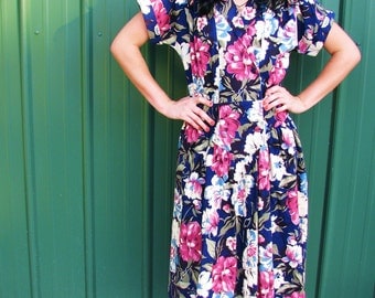 Vintage 1980s FLORAL Cotton SUMMER DRESS in Navy and Pink