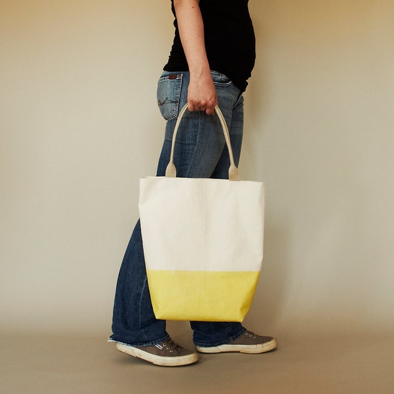 Items similar to Lemon Yellow Latex Dipped Canvas Tote with Natural ...