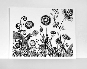 CLEARANCE SALE: 60% Off - Surreal Garden with Black Flowers 8x10 Print of Ink Pen Line Drawing, Abstract Illustration of Botanical Garden