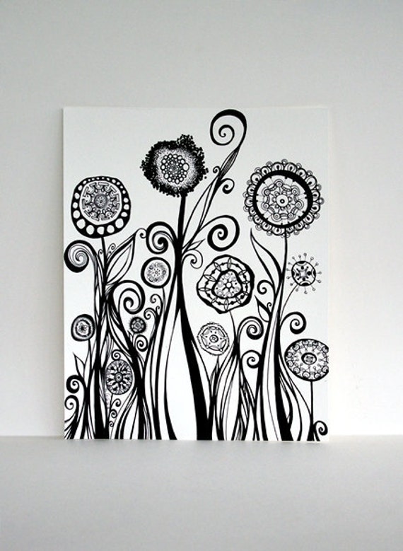 Original Pen and Ink Line Drawing with Circles Swirls and