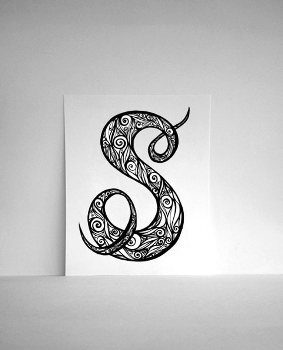 Items similar to Hand Drawn Letter S in Black and White 