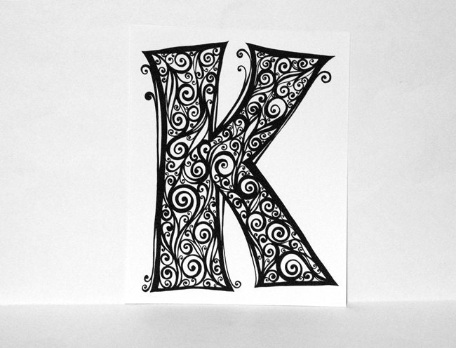Personalized Letter K with Black Swirls Hand-Drawn Monogram