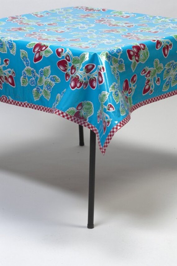 Square Oilcloth Tablecloth Strawberry Blue with Red Trim