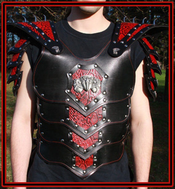 Items similar to Black Leather Armor Red Dragon Warrior mens chest ...