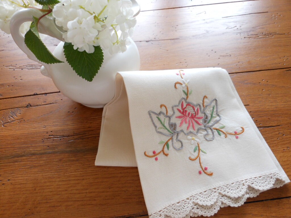 Pretty Hand Embroidered Hand Towel by WoodandLace on Etsy