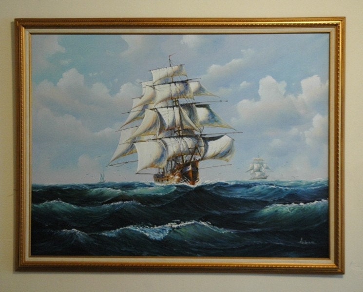 Vintage Oil on Canvas by John Ambrose Ships Marine