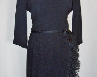 Vintage Black 50s 60s Crepe Dress With w/Lace Ruffle Front