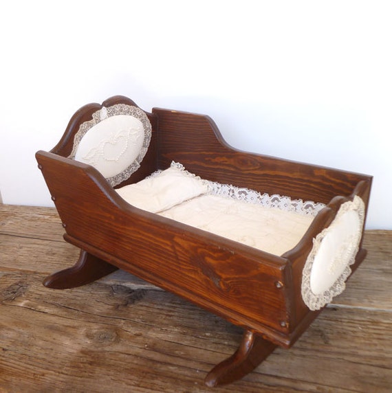 Antique Vintage wooden Baby Doll Cradle with lace bed set and
