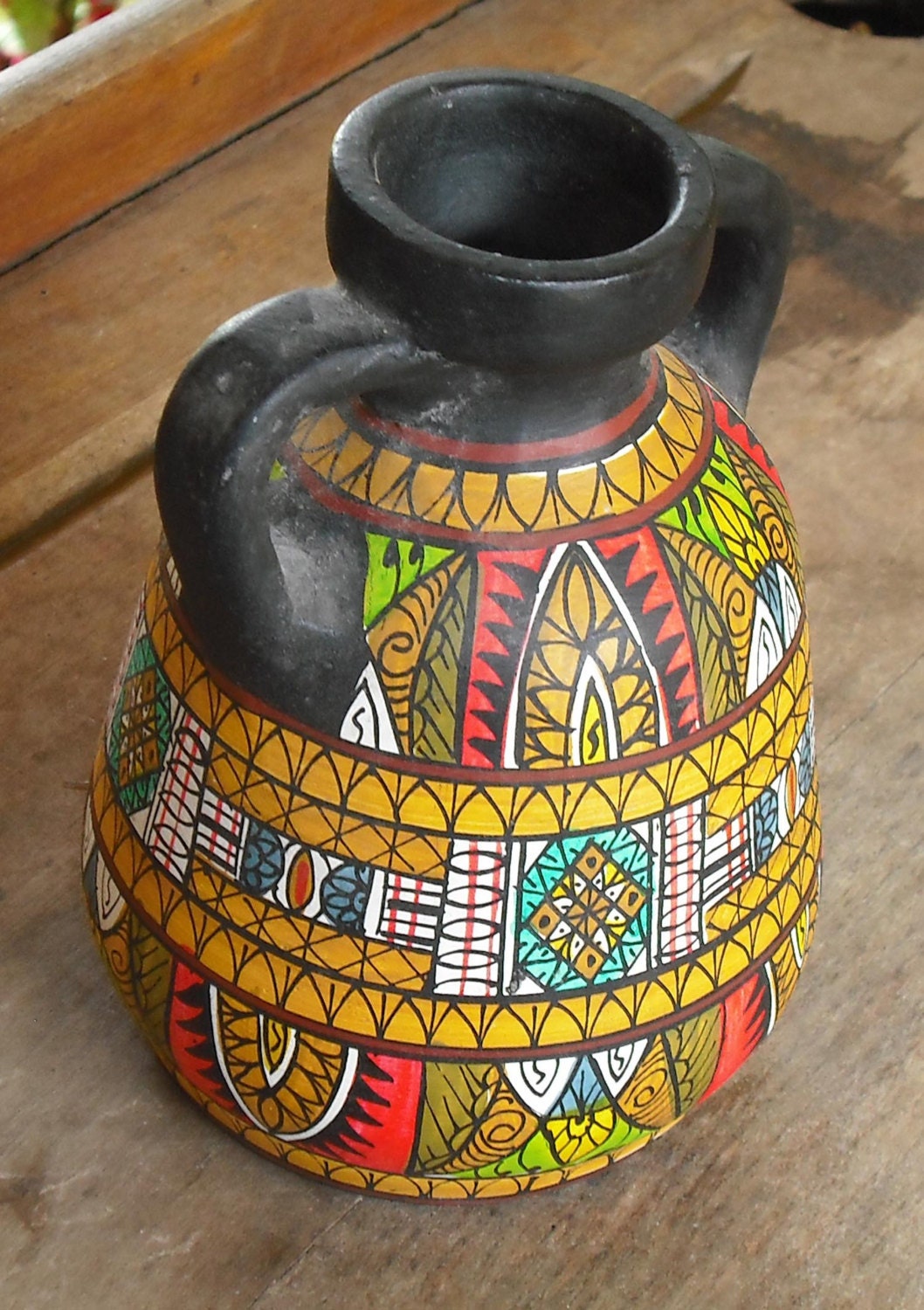 Vintage Clay Pottery Vase with Handles Black Hand by SuVasi