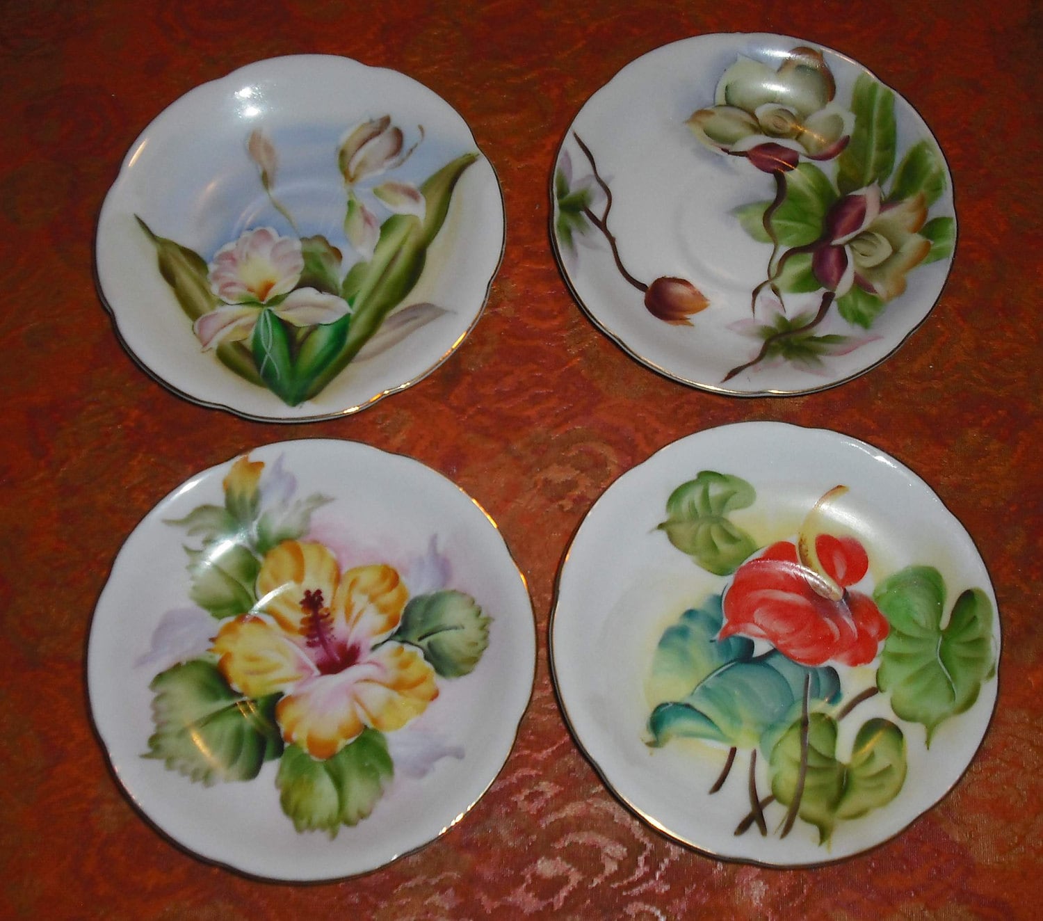 Vintage Hawaii Hawaiian Souvenir Plates Set of 4 Flowers
