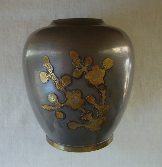 VINTAGE Mixed Metal Brass Inlay Vase Urn by Poppycbrilliant