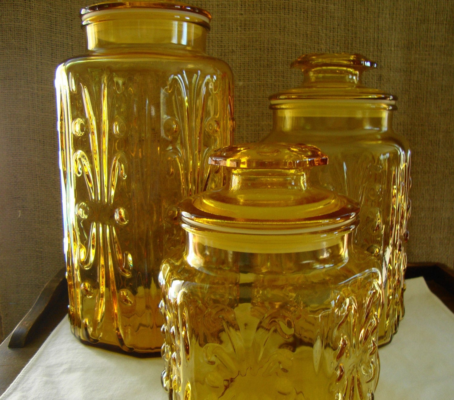 Vintage Federal Pressed Amber Glass Canister Set Of 3