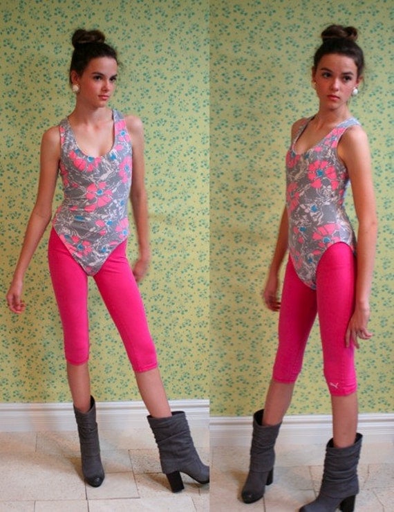 Vintage 80s JAZZERCISE LEOTARD Gray with Pink Flowers