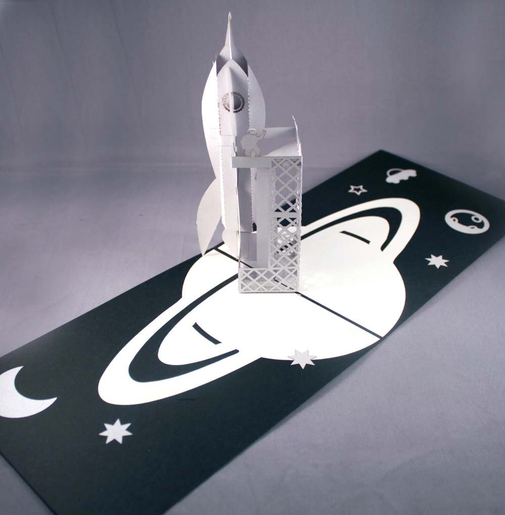 Space Age Popup Silver Rocket And Planets Card