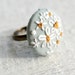 Mint Daisy Ring, Embroidered Ring, white and mustard, vintage silk