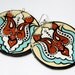 Large Handpainted Circular Modern Turkish Flower Blossom Inspired Earrings In Ivory, Aqua and Metallic Copper.