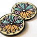 Large Handpainted Circular Modern Turkish Flower Blossom Inspired Earrings In Ivory, Aqua and Lavender.