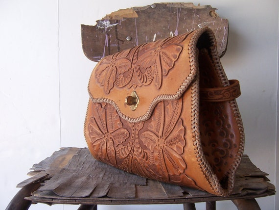 Items similar to Vintage FLORAL Tooled Leather Handbag on Etsy