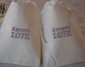 10 Purple All You Need Is Love Organic Muslin Cotton Favor Gift Bags 4x6 - You choose ink color Il_170x135