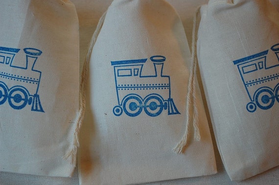 15 Blue Choo Choo Train Birthday Party Organic Muslin Cotton Favor Gift Bags 4x6 Il_570xn