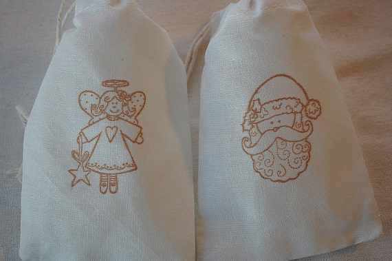 20 Christmas Gift Bags - Santa and Angel, Tree Organic Muslin Cotton Favor Gift Bags 3x5 Il_570xn