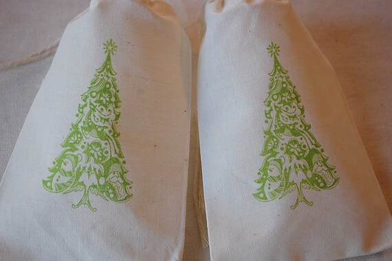 10 Christmas Favor Gift Bag Organic Muslin Cotton - Lime Green Christmas Tree 4x6 Il_570xn